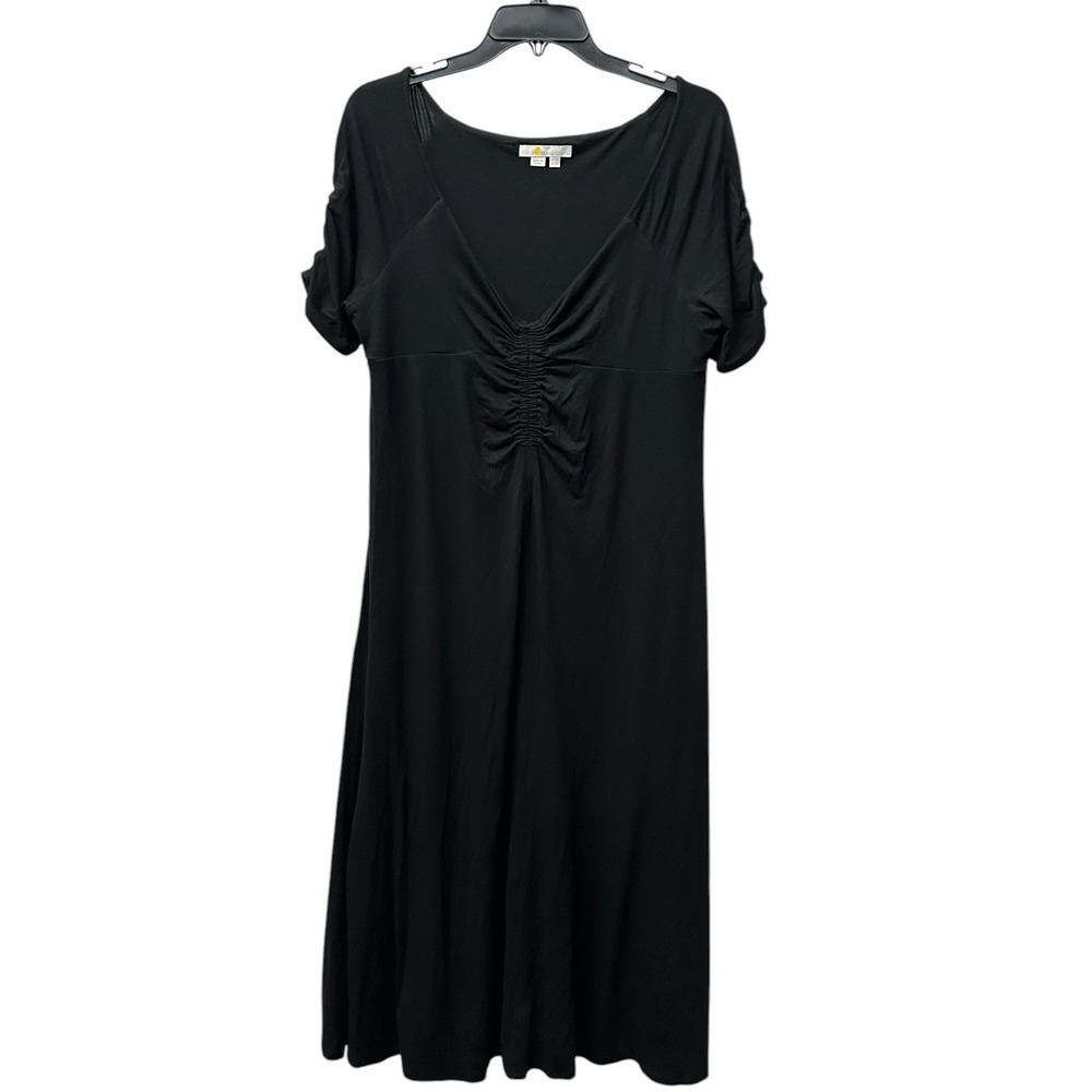 Boden Women's Ruched Front Jersey Midi Black Dress LBD Size 12 Viscose #UV13-4